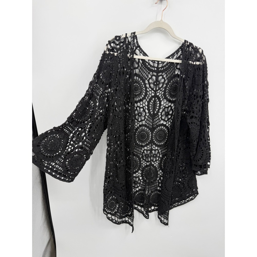 Unbranded Crochet Lace Cardigan Women XL Black Open Front Boho Festival Coverup